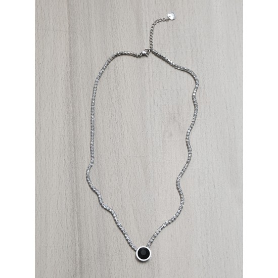 STEEL NECKLACE WITH STRASS AND ROUND BEAD